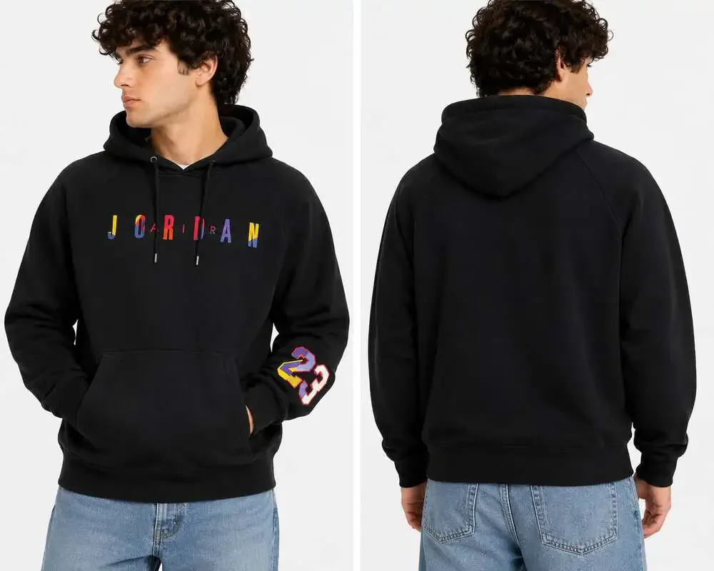Air Jordan Multicolor Logo Pullover Hoodie Men’s Size M Black Fleece Sweatshirt